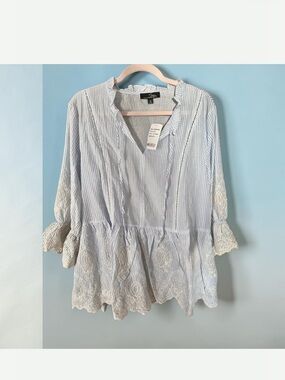 Suzanne Betro Light Blue & White Striped Lace-Trim Tunic